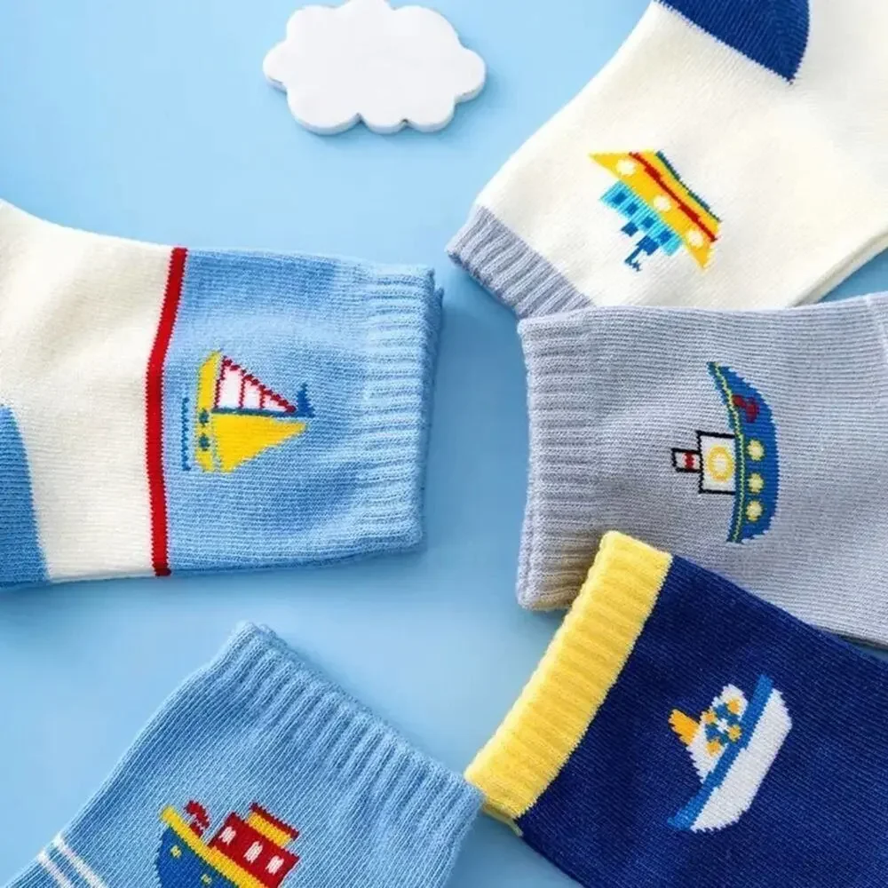 New 5 pairs boat design kids socks 4-8